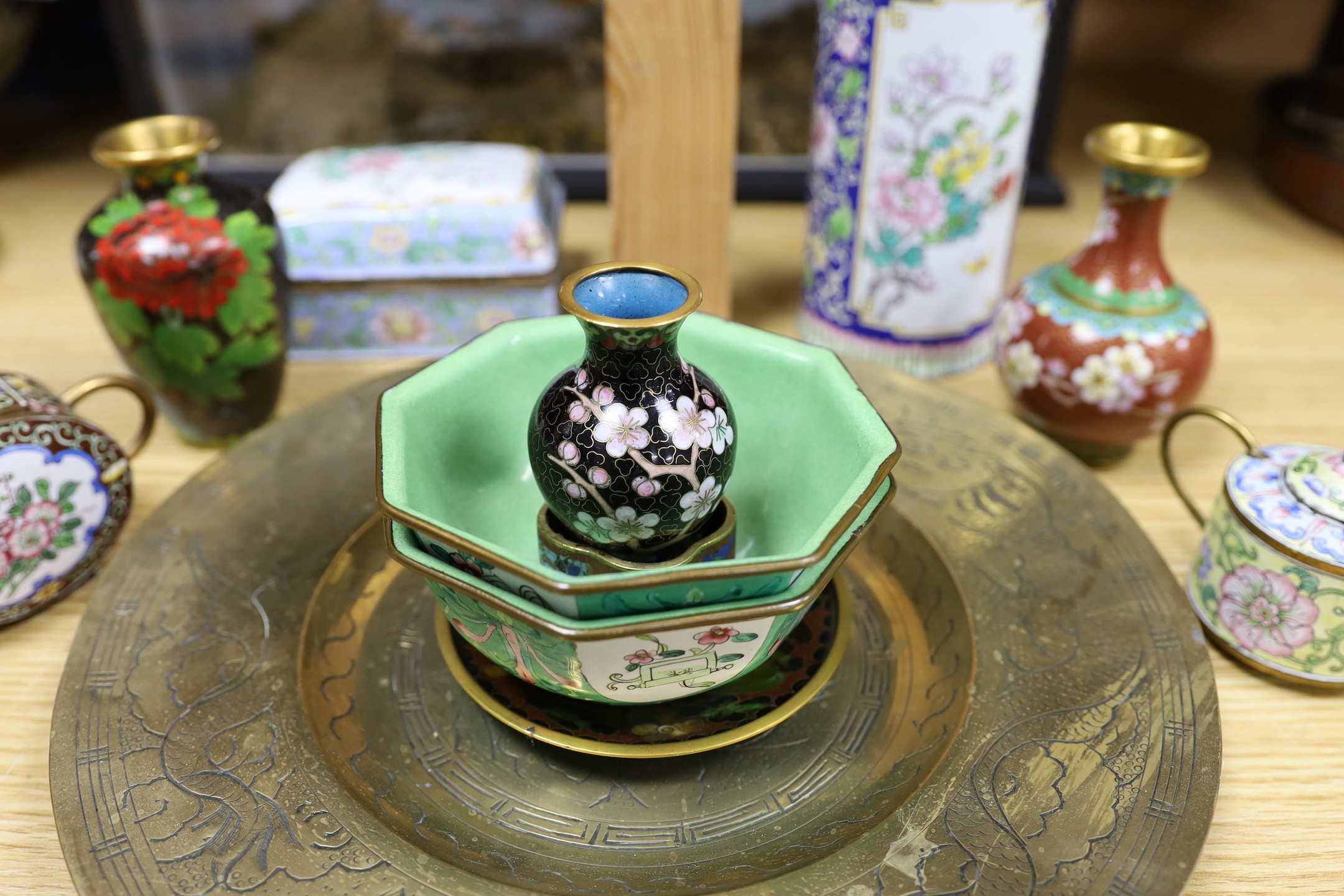 A group of Chinese cloisonné enamel and Guangzhou enamel vases, bowls and miniature tea pots together with a bronze dish, 27.5cm